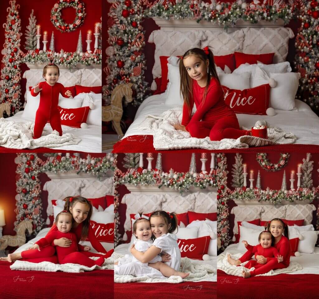 christmas mini sessions on holiday bed backdrop